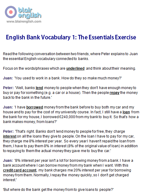 English Bank Vocabulary 1 exercise worksheet sample page