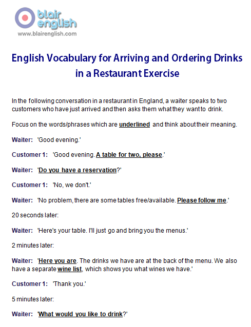 English Vocabulary for Arriving and Ordering Drinks in a Restaurant exercise worksheet sample page