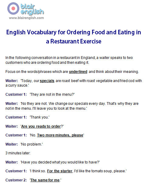 English Vocabulary for Ordering Food and Eating in a Restaurant exercise worksheet sample page