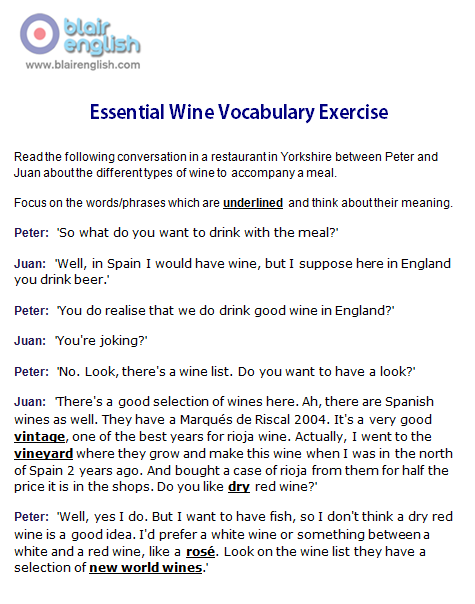 Essential Wine Vocabulary exercise worksheet sample page