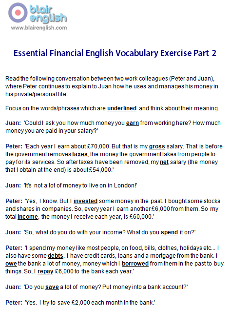 Essential Financial English Vocabulary Part 2 exercise worksheet sample page