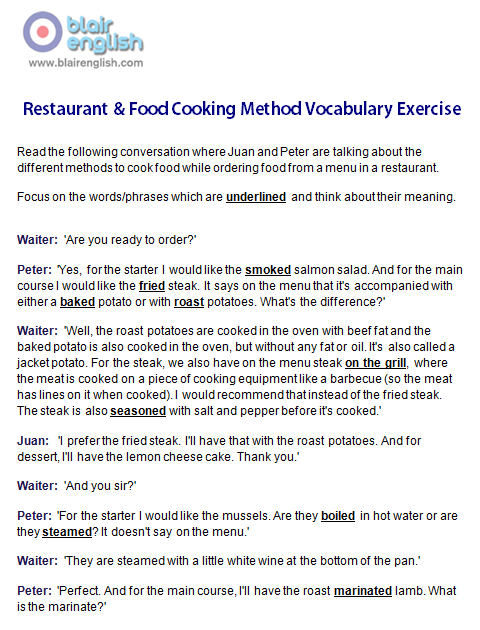 Restaurant & Food Cooking Methods Vocabulary exercise worksheet sample page