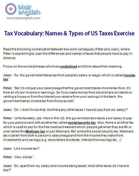Tax Vocabulary: Names & Types of US Taxes exercise worksheet sample page